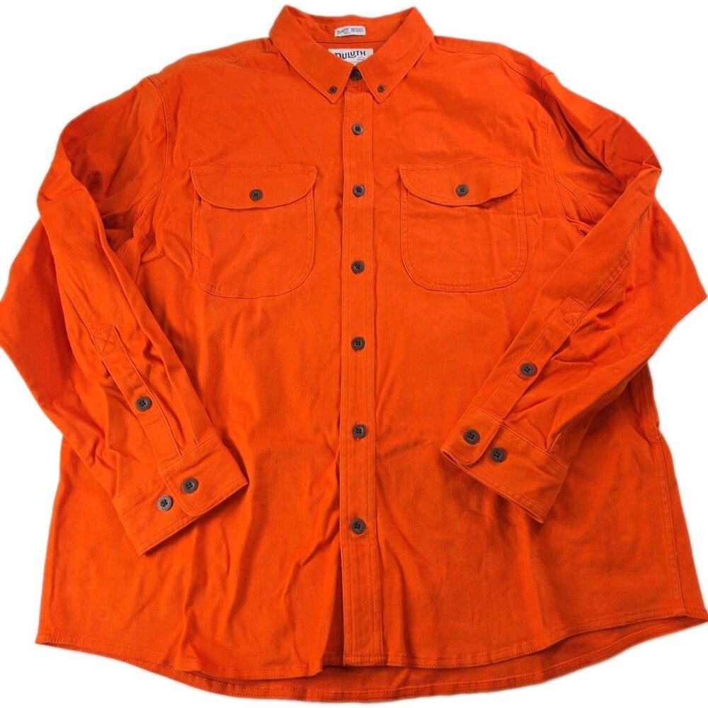 Duluth Trading Co Men XL Tall Relaxed Fit Untucked Orange Heavy Cotton Button